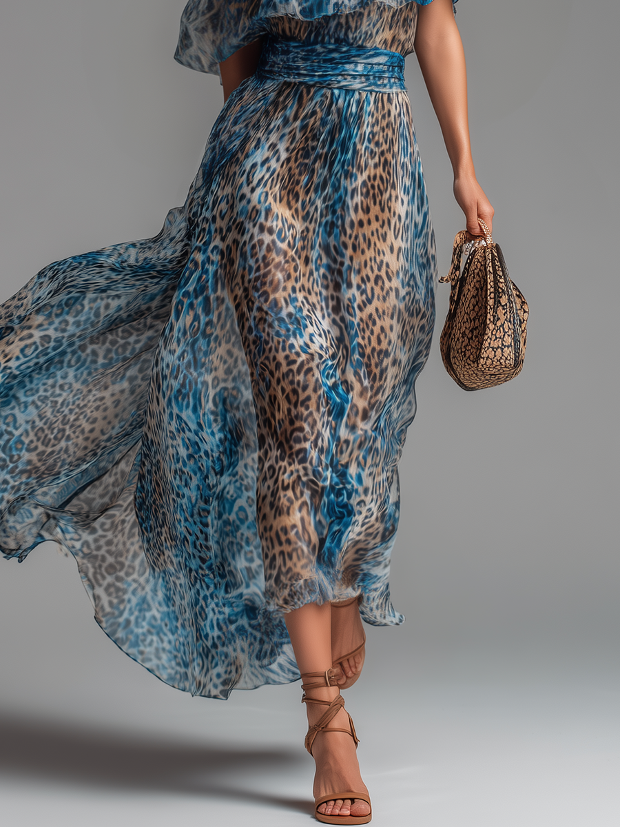 Wilda - Long Chiffon Dress, Leopard Print Bare Shoulders