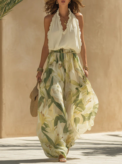 Alessia - Chiffon Sleeveless Top with Ruffles and Lilium Print Trousers