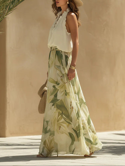 Alessia - Chiffon Sleeveless Top with Ruffles and Lilium Print Trousers