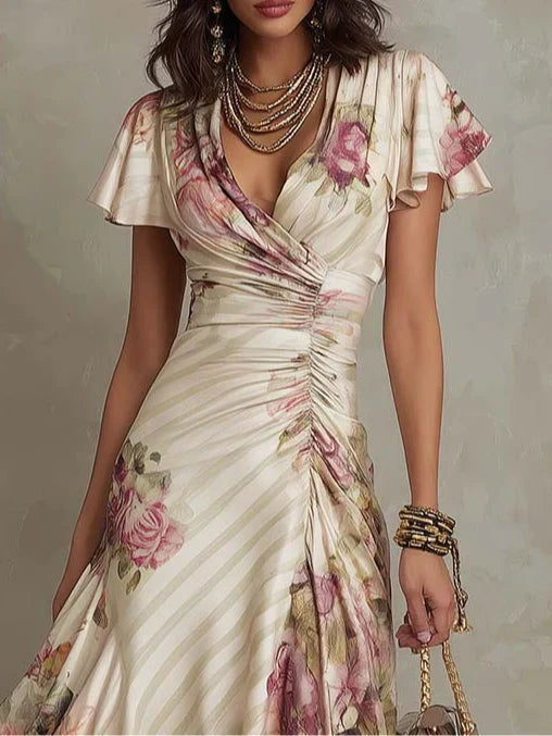 Albina | Elegant Floral Ruched Wrap Midi Dress