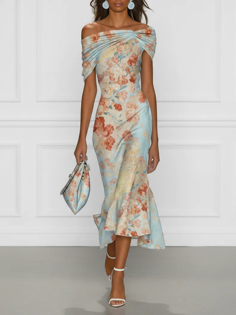 ROBE MIDI SIRÈNE VALENTINA, ÉPAULES DÉNUDÉES FLEURIE BLEU
