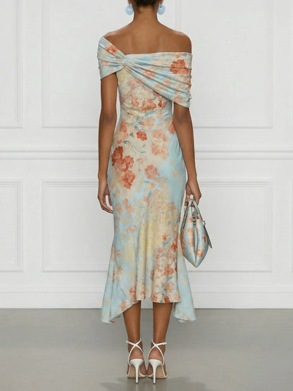 Valentina - Midi Mermaid Dress, Off-Shoulder Blue Floral