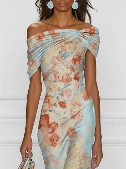 ROBE MIDI SIRÈNE VALENTINA, ÉPAULES DÉNUDÉES FLEURIE BLEU