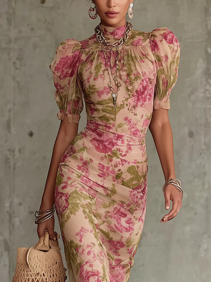 Fiorella | Romantic Vintage Rose Puff Sleeve Maxi Dress