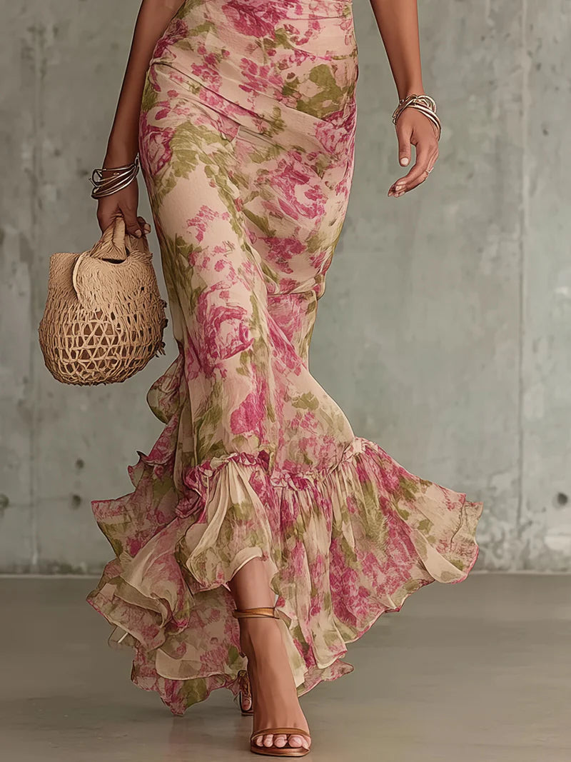 ROBE MAXI FIORELLA MANCHES BOUFFANTES ROSE VINTAGE ROMANTIQUE