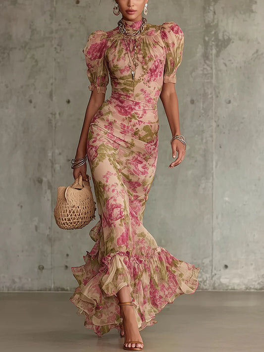 Fiorella | Romantic Vintage Rose Puff Sleeve Maxi Dress