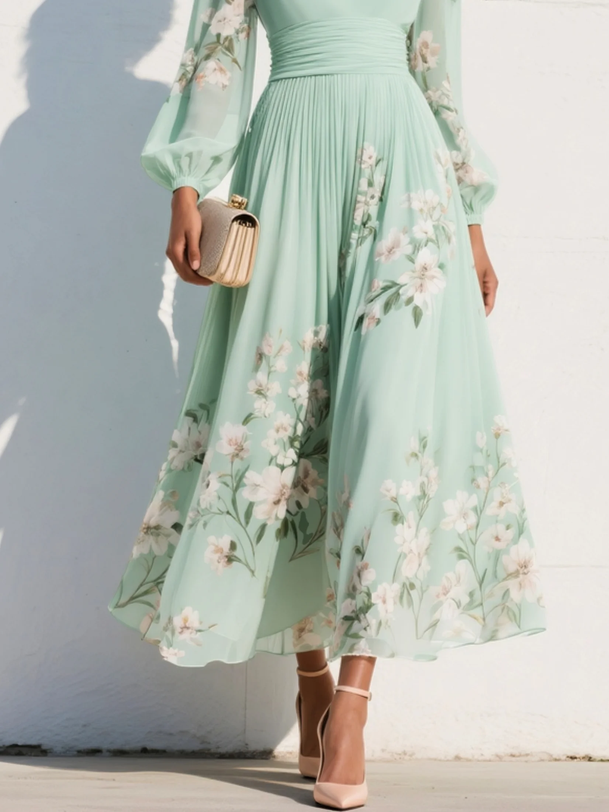 ROBE MAXI PLISSÉE EN MOUSSELINE MARISA, IMPRIMÉ FLORAL VERT MENTHE