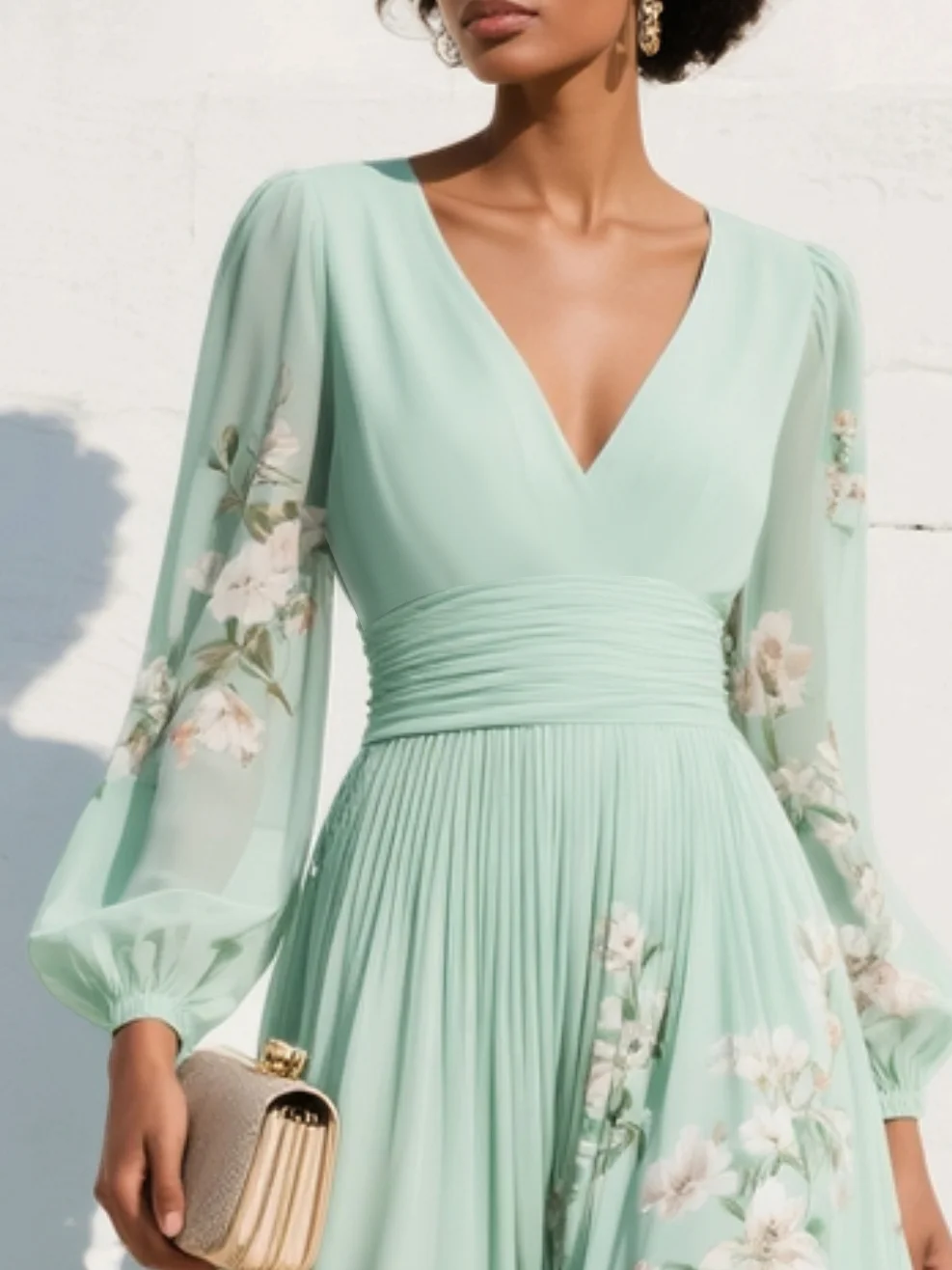 ROBE MAXI PLISSÉE EN MOUSSELINE MARISA, IMPRIMÉ FLORAL VERT MENTHE