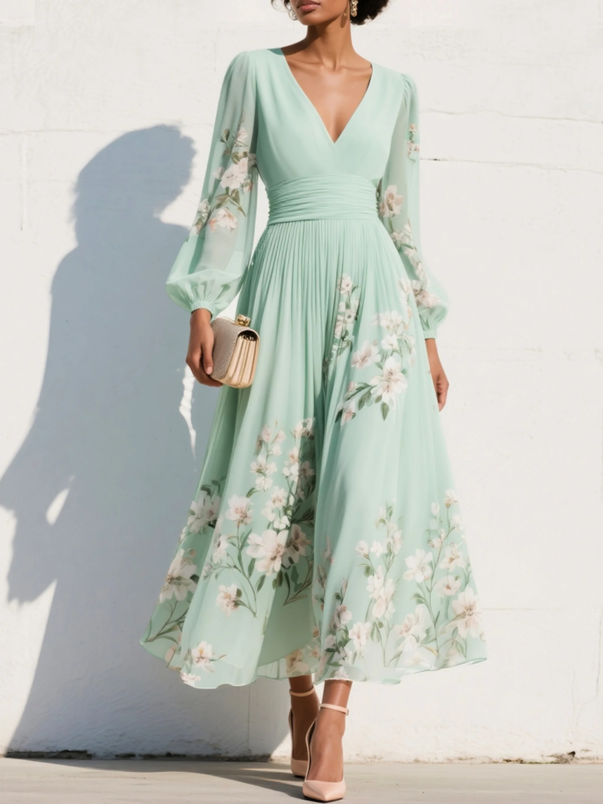 ROBE MAXI PLISSÉE EN MOUSSELINE MARISA, IMPRIMÉ FLORAL VERT MENTHE