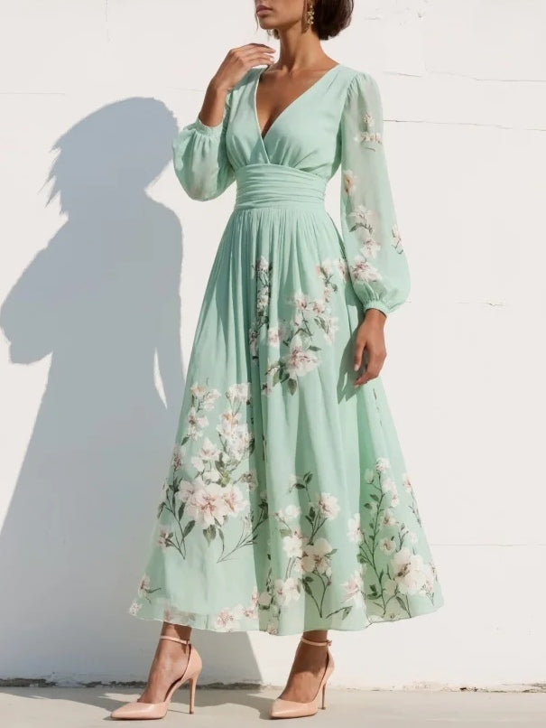 ROBE MAXI PLISSÉE EN MOUSSELINE MARISA, IMPRIMÉ FLORAL VERT MENTHE