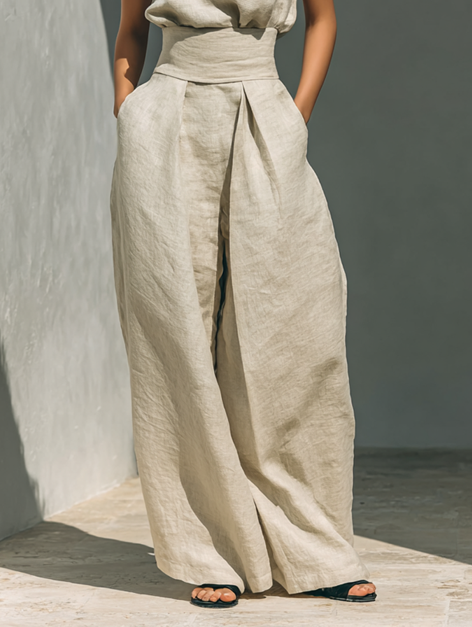ENSEMBLE BEIGE SANS MANCHES JAMBES LARGES DÉCONTRACTÉ AURELIA