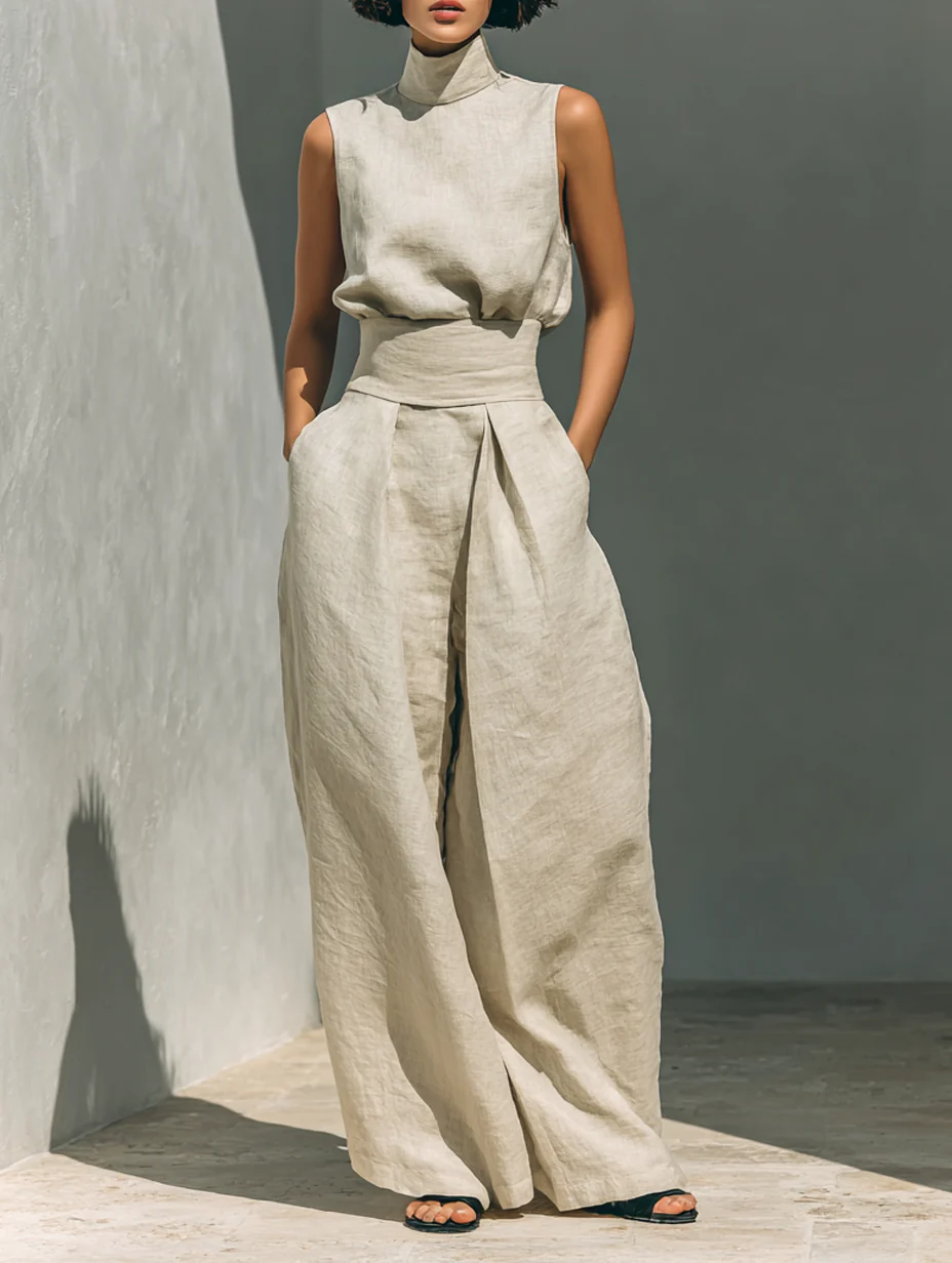 ENSEMBLE BEIGE SANS MANCHES JAMBES LARGES DÉCONTRACTÉ AURELIA
