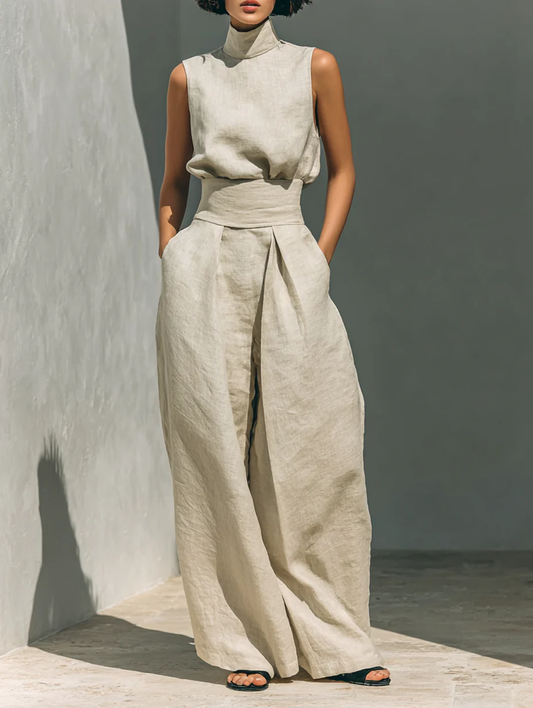 Aurelia | Relaxed Beige Sleeveless Wide-Leg Co-Ord Set