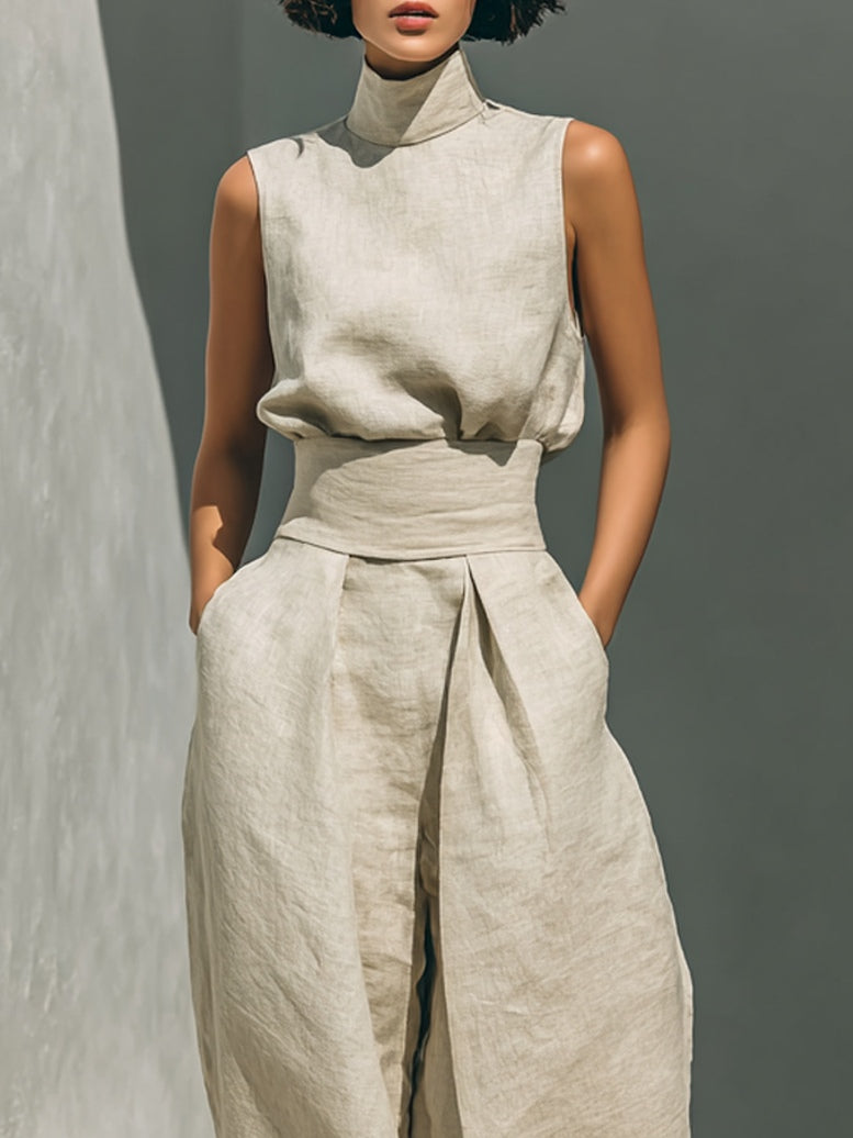 ENSEMBLE BEIGE SANS MANCHES JAMBES LARGES DÉCONTRACTÉ AURELIA