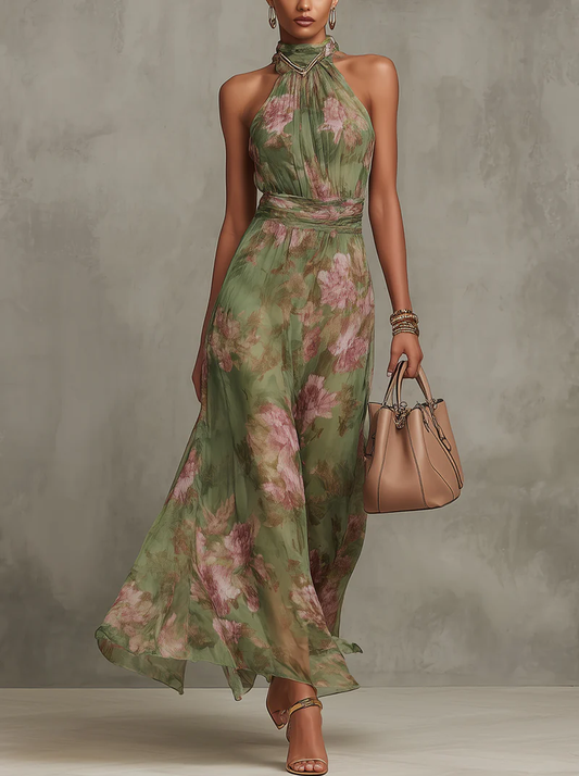 Serenity — Elegant Floral Chiffon Halter Maxi Dress