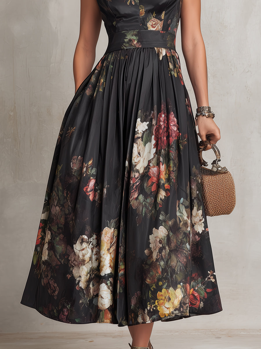 ROBE MIDI NOIRE VIONNA, SATIN PLISSÉ FLORAL DÉCOUPE COEUR