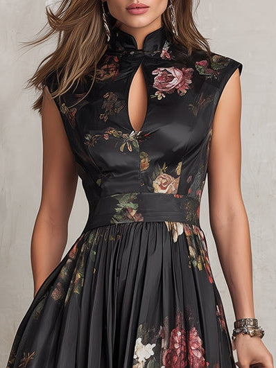 Vionna - Black Midi Dress, Pleated Satin Floral Keyhole
