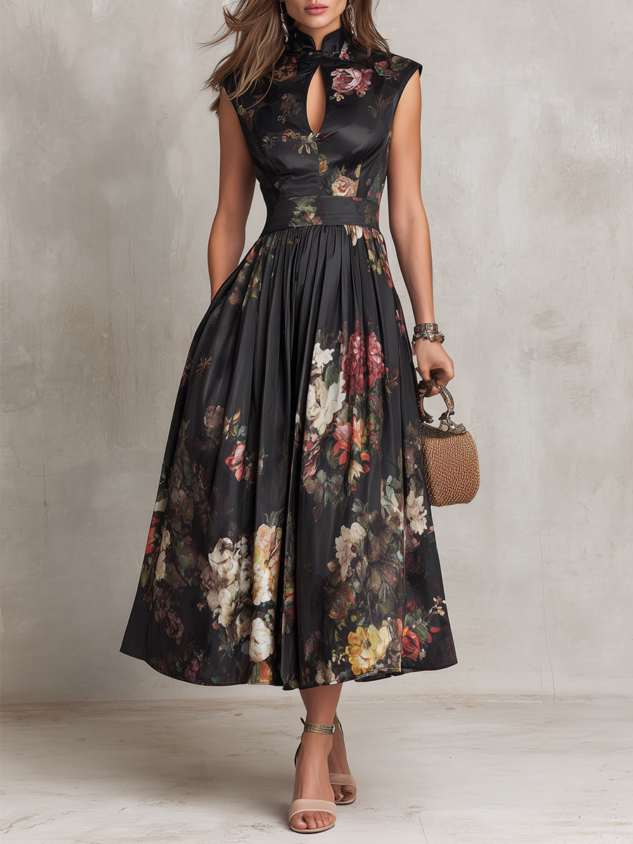 ROBE MIDI NOIRE VIONNA, SATIN PLISSÉ FLORAL DÉCOUPE COEUR