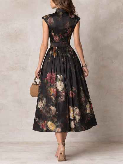 Vionna - Black Midi Dress, Pleated Satin Floral Keyhole
