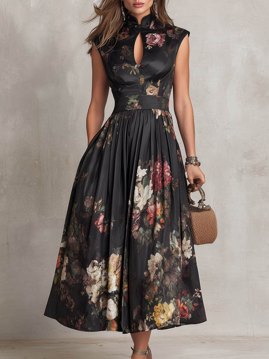 Vionna - Black Midi Dress, Pleated Satin Floral Keyhole
