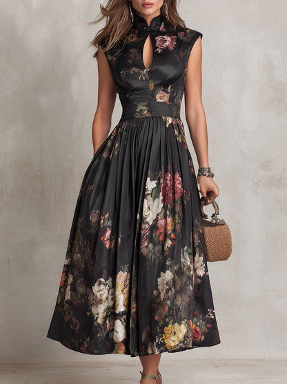 Vionna - Black Midi Dress, Pleated Satin Floral Keyhole