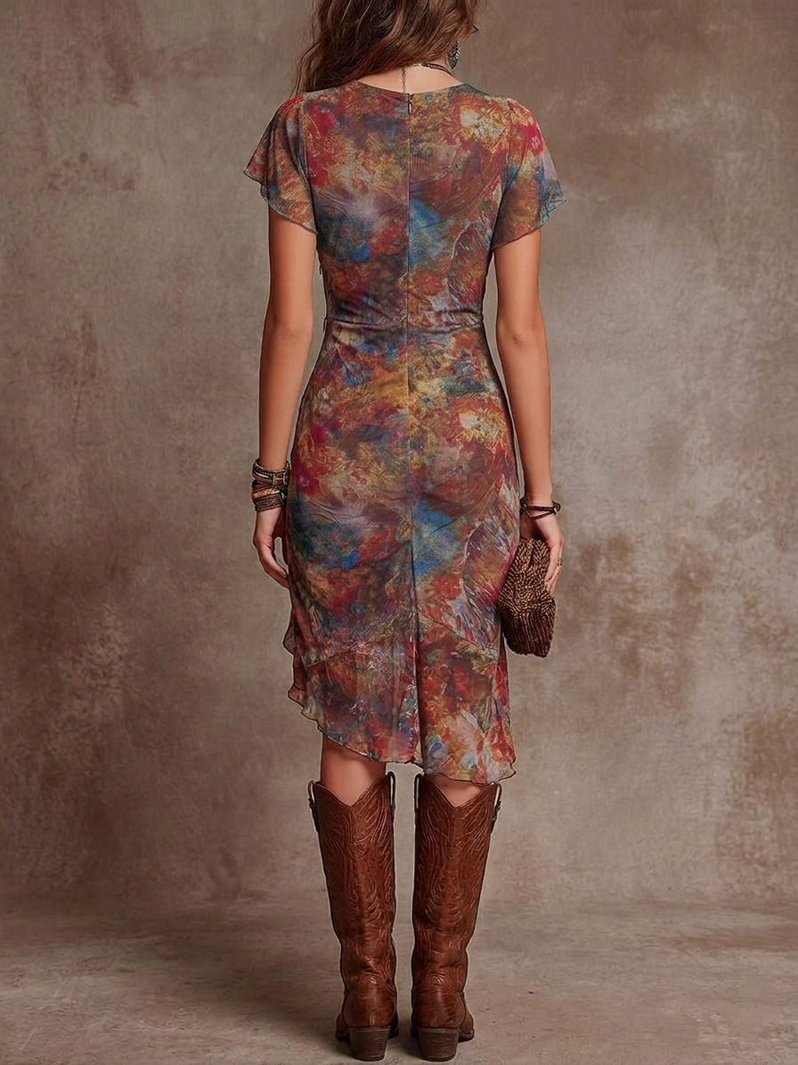 ROBE MIDI PLISSÉE MARISOL, COL EN V ART ABSTRAIT BOHÈME