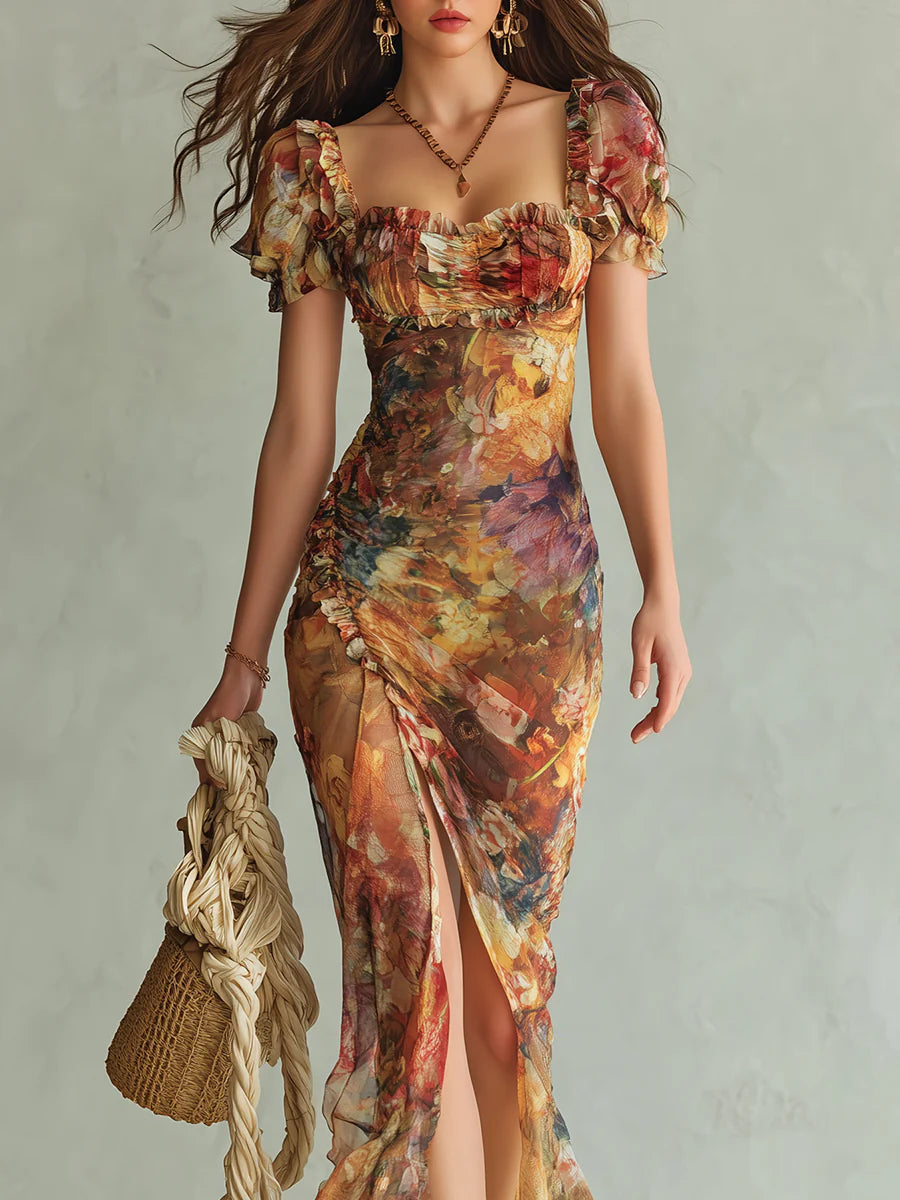 Violet | Long Orange Chiffon Dress, Bohemian Oil Painting Print