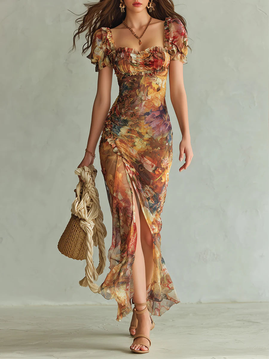 Violet | Long Orange Chiffon Dress, Bohemian Oil Painting Print
