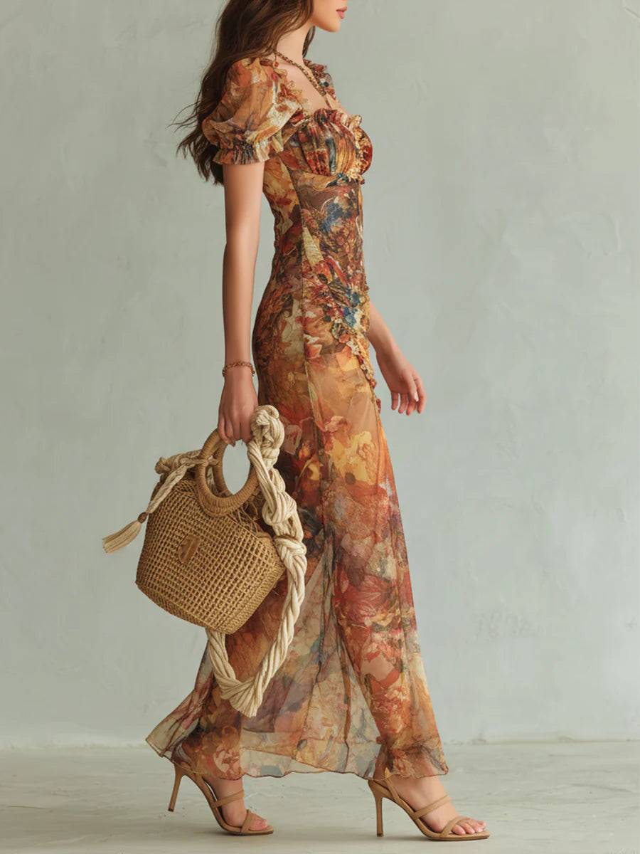 ROBE LONGUE ORANGE VIOLET EN MOUSSELINE, IMPRIMÉ PEINTURE À L'HUILE BOHÈME