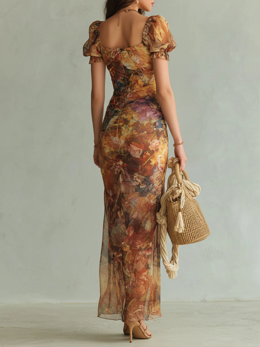 ROBE LONGUE ORANGE VIOLET EN MOUSSELINE, IMPRIMÉ PEINTURE À L'HUILE BOHÈME