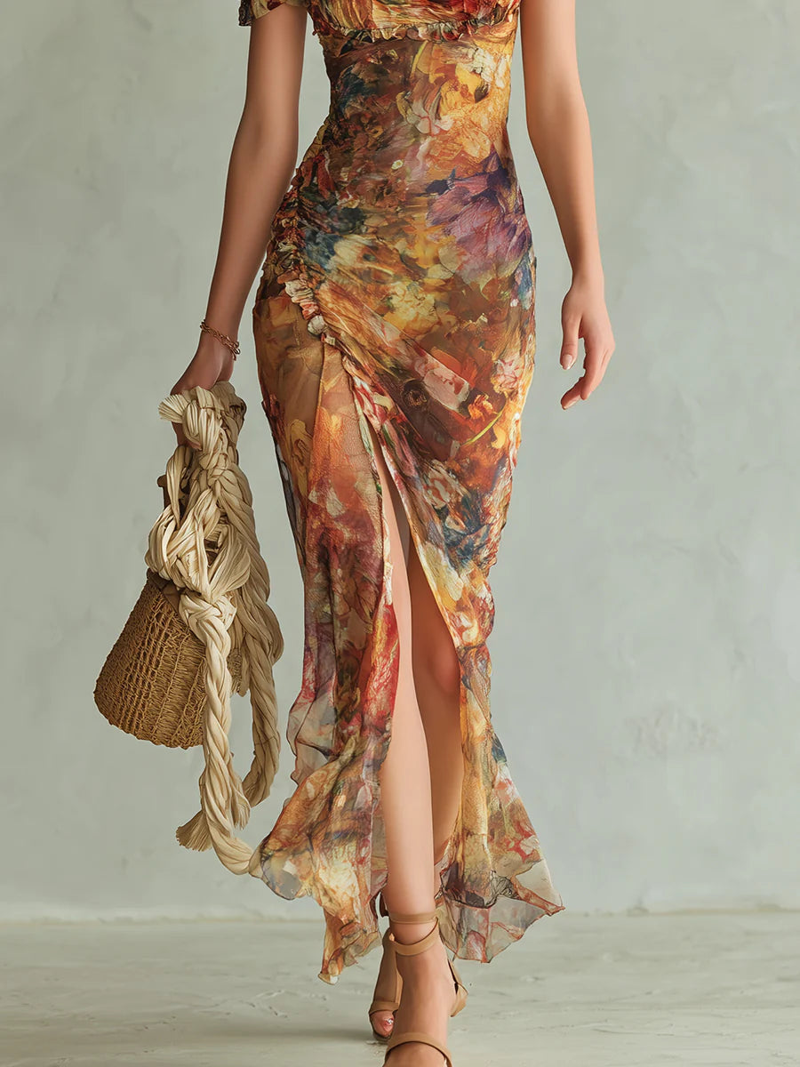 ROBE LONGUE ORANGE VIOLET EN MOUSSELINE, IMPRIMÉ PEINTURE À L'HUILE BOHÈME