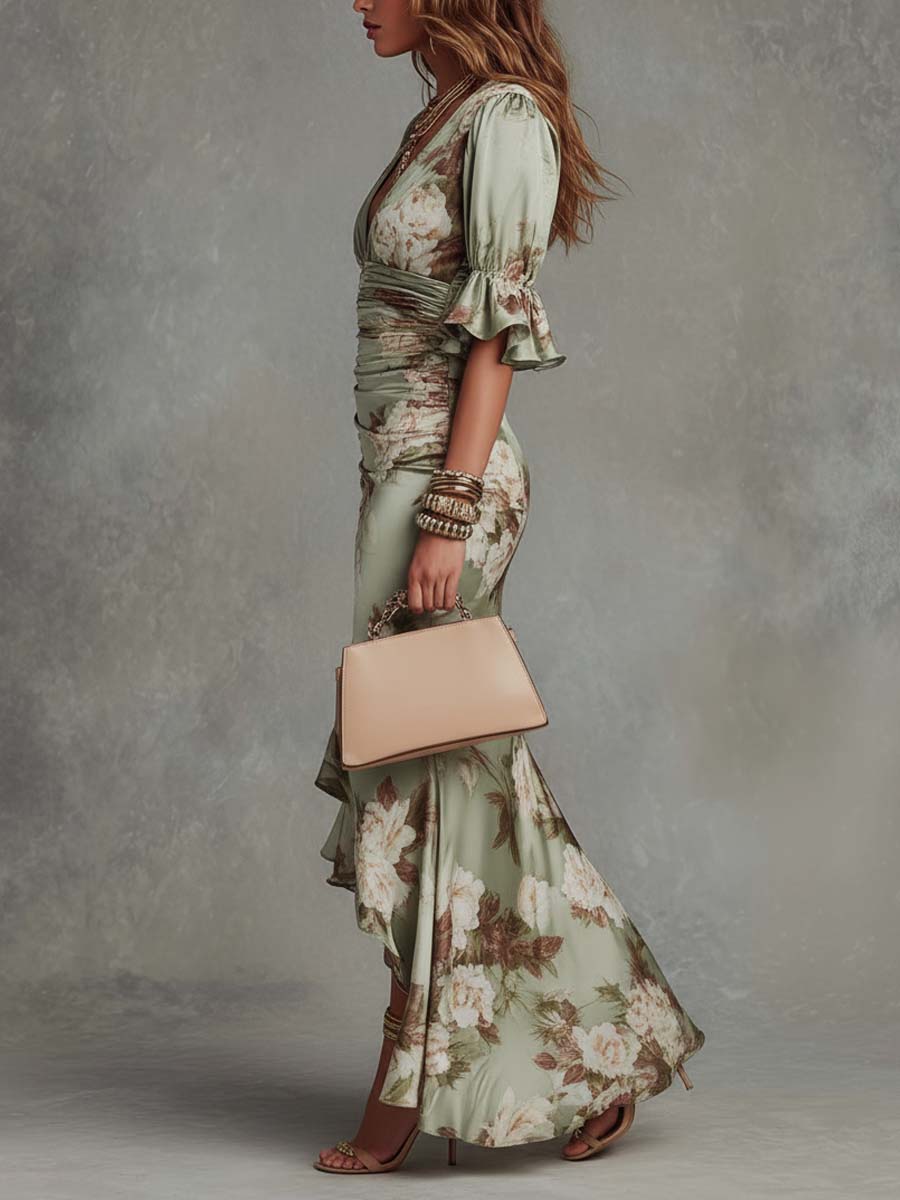 Amara - Asymmetrical Long Dress, Green Satin V-Neck Puff Sleeves Floral