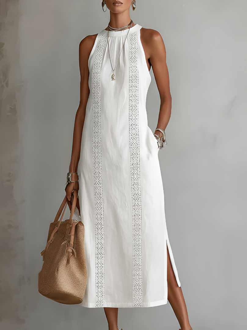 ROBE MIDI COL MANDARIN BRODÉE DÉCONTRACTÉE XIMENA