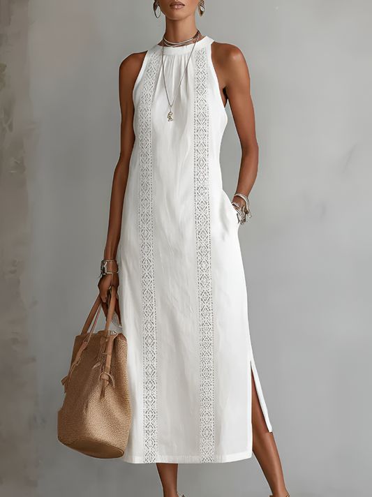 Ximena | Relaxed Embroidered Mandarin Collar Midi Dress