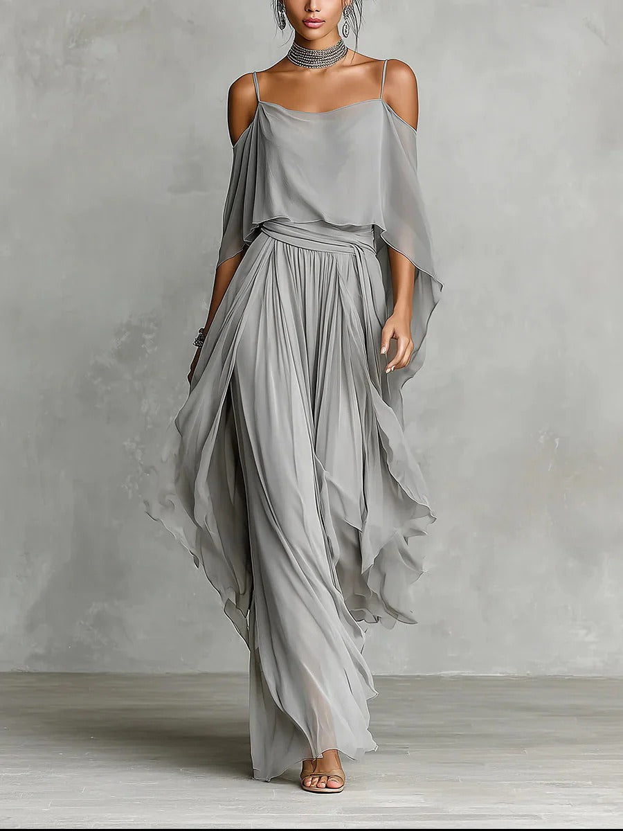 ENSEMBLE FLUIDE GRIS ISADORA, TOP FINES BRETELLES ET PANTALON LÉGER