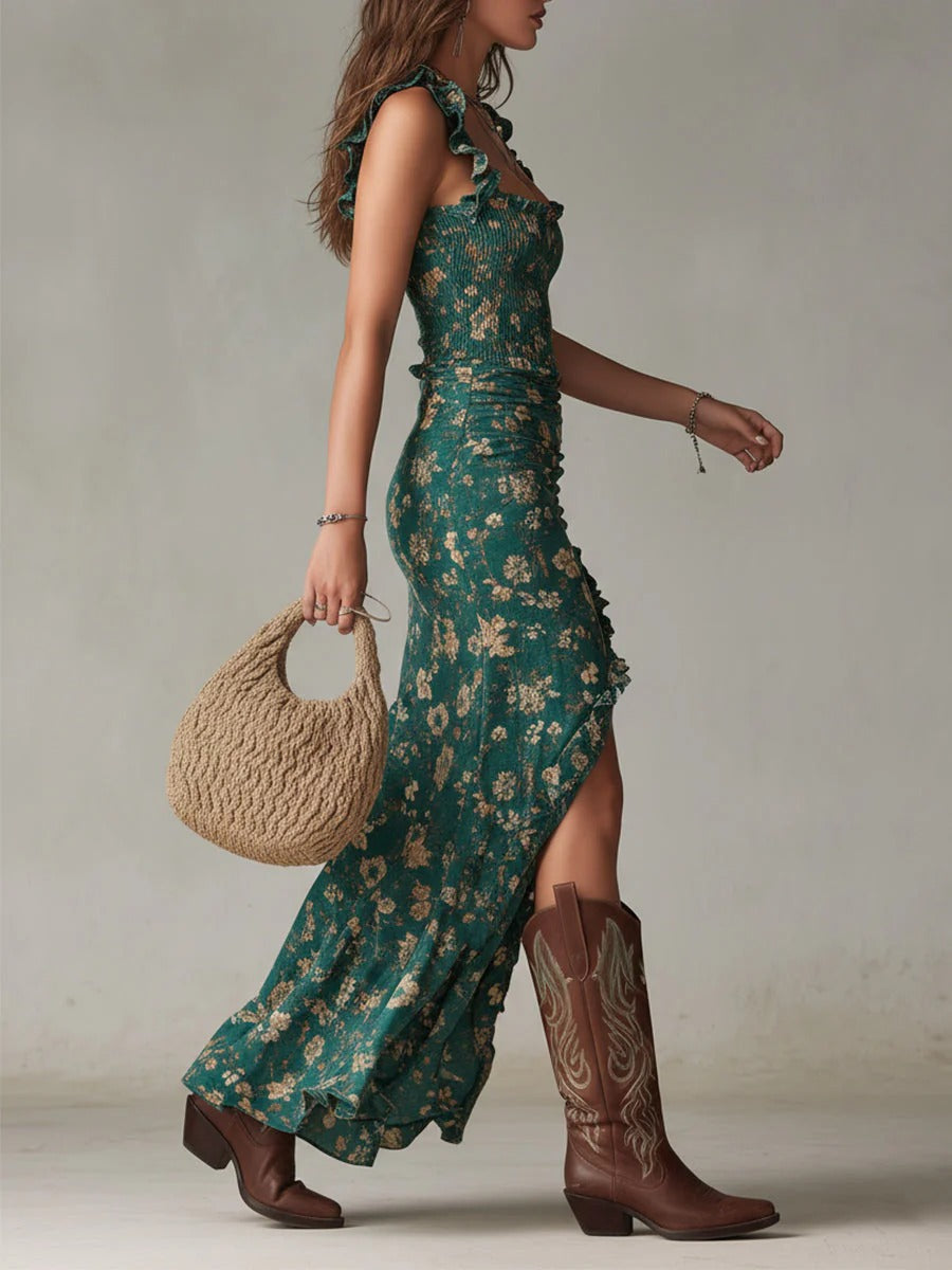 Zaria | Bohemian Floral Ruched Maxi Dress with Side Slit