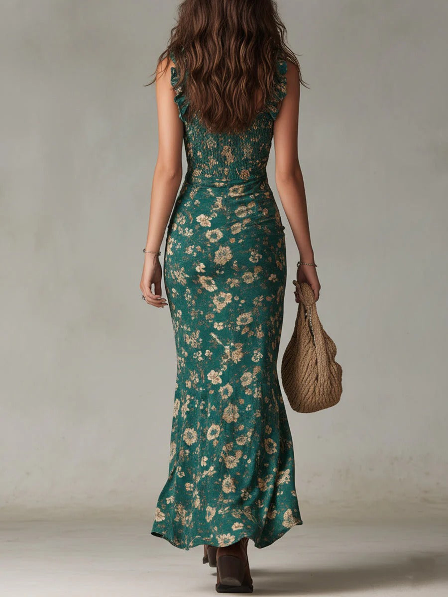 ROBE MAXI ZARIA FLEURIE FRONCÉE BOHÈME À FENTE LATÉRALE