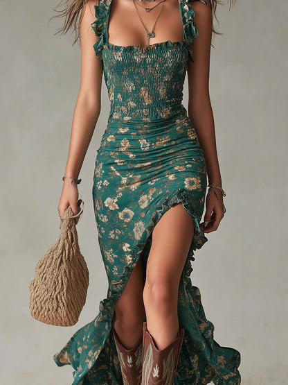 Zaria | Bohemian Floral Ruched Maxi Dress with Side Slit
