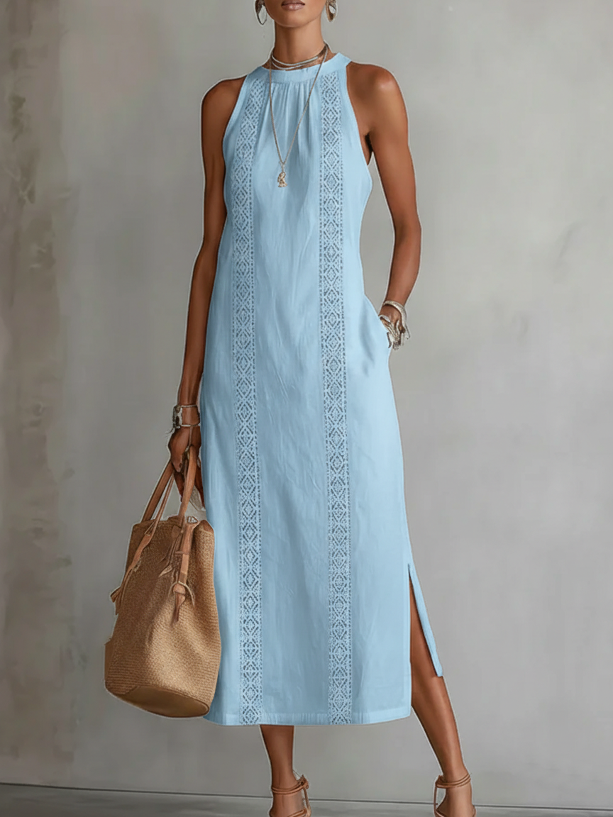 Ximena | Relaxed Embroidered Mandarin Collar Midi Dress
